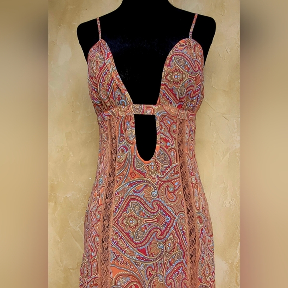 Victoria's Secret Vintage Rust Paisley Strapless Slip Dress Cutout Maxi Dress XS - Picture 11 of 15